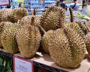kaupassa iso kasallinen durianeita.