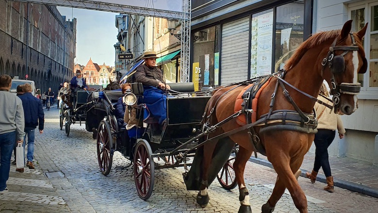 Kaksi hevosvaunua kuljettaa turisteja Bruggen kadulla.