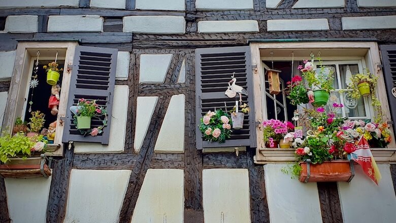 Ristikkotalojen ikkunalaudalla erilaisia kukkia ja koristeita.