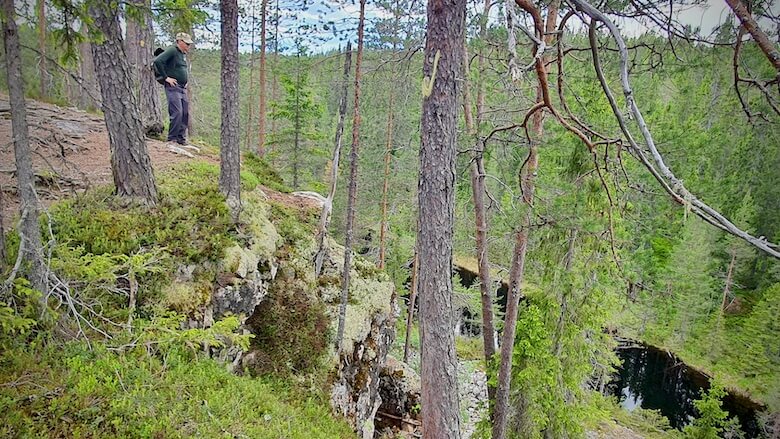 Patikointi kohti Värikalliota. Mies seisoo korkealla kalliolla ja katsoo maisemia alas järvelle.