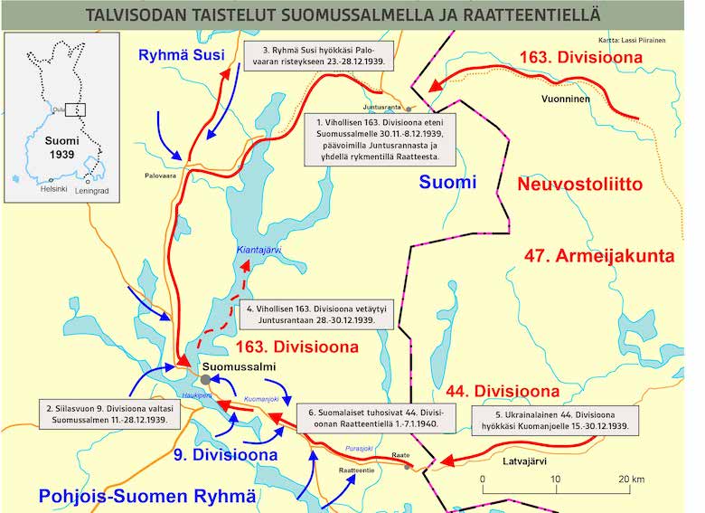 Lassi Piiraisen kartta: Talvisodan taistelut Suomussalmella ja Raatteentiellä